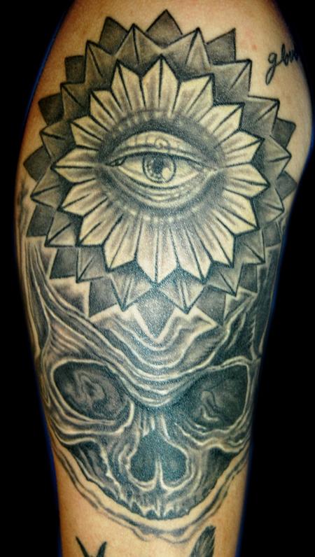 Tattoos - H.H. Little Sky Ph.D - Black & Grey Mandala Eye Skull